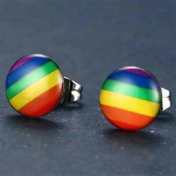 Rainbow Colors Gay Pride LGBTQ Round Silver Stainless Steel Stud Earrings - Picture 1 of 3
